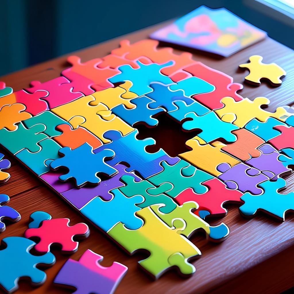 A colorful jigsaw puzzle spread out on a wooden table with a single, distinct piece visibly missing from the middle of the assembled section.