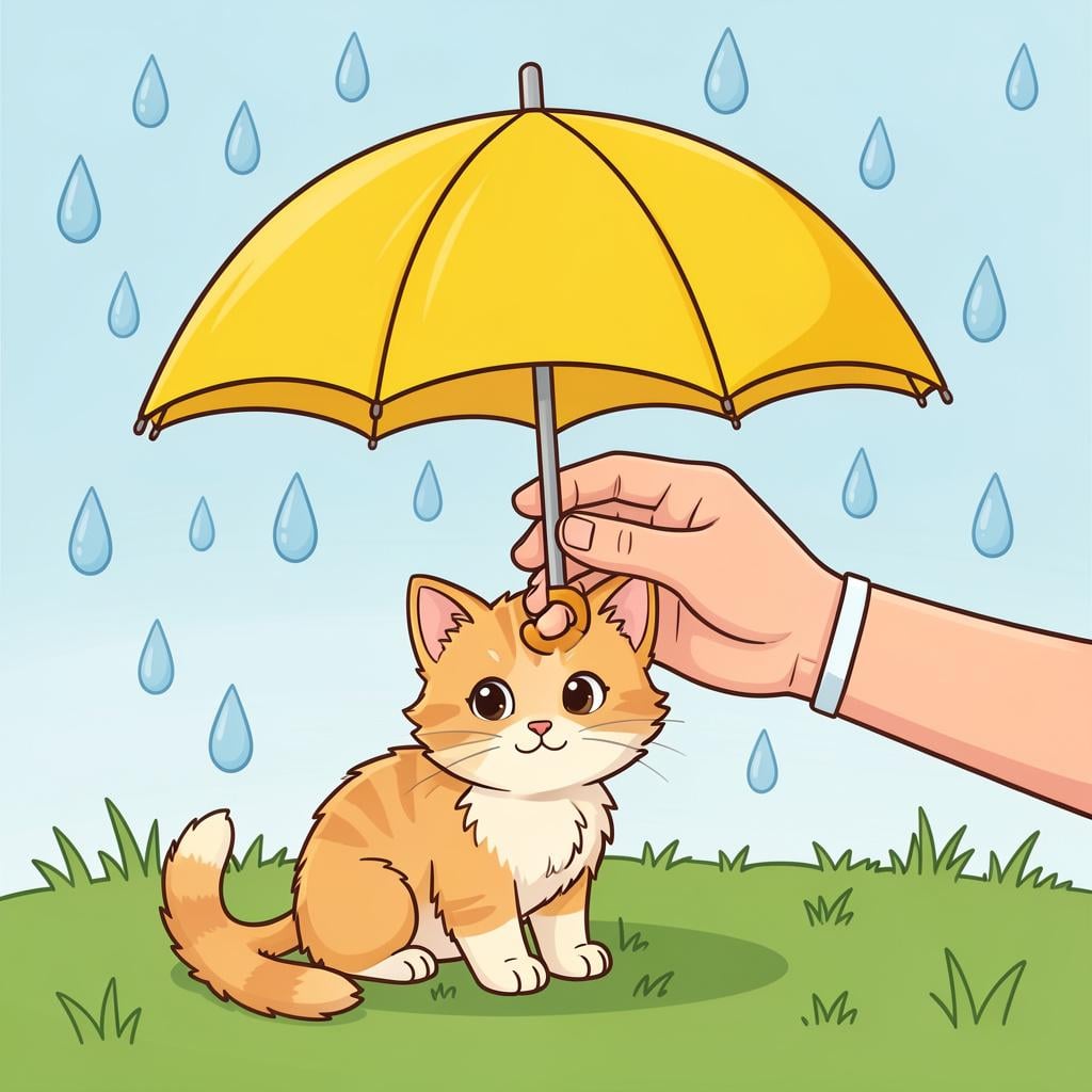 A large, gentle hand holding a small umbrella over a tiny kitten to keep it dry during a light rain.