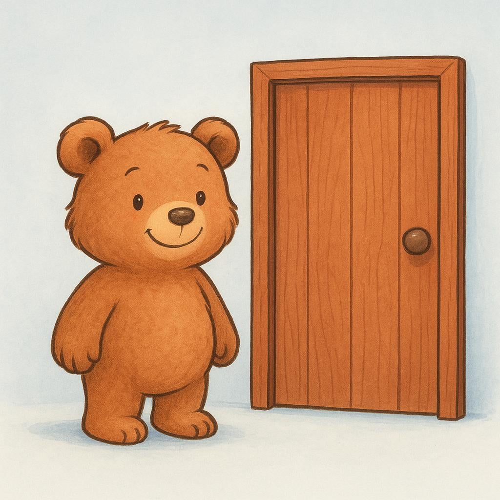 A small, friendly bear cub standing beside a closed, plain wooden door, looking relieved and content.