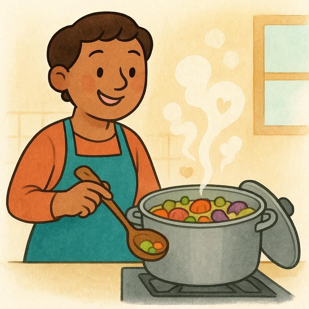 Un chef souriant dans une cuisine remuant une grande casserole sur une cuisinière, indiquant que la tâche est en cours d'exécution.