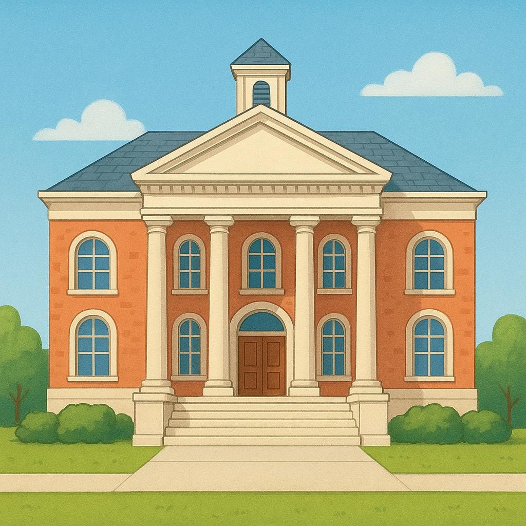 Eine farbenfrohe Illustration eines großen, offiziell aussehenden Verwaltungsgebäudes mit einem markanten Eingang und großen Fenstern, das das Rathaus darstellt.