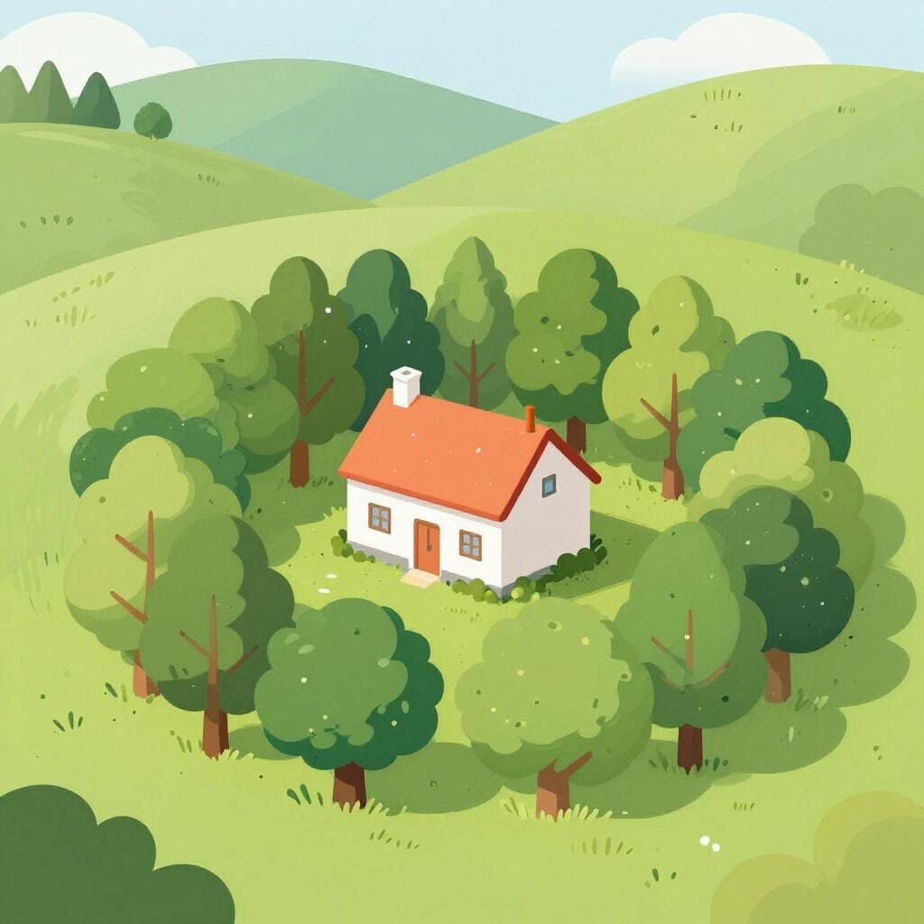 Een klein gezellig huis in het centrum met groene bomen en heuvels eromheen.