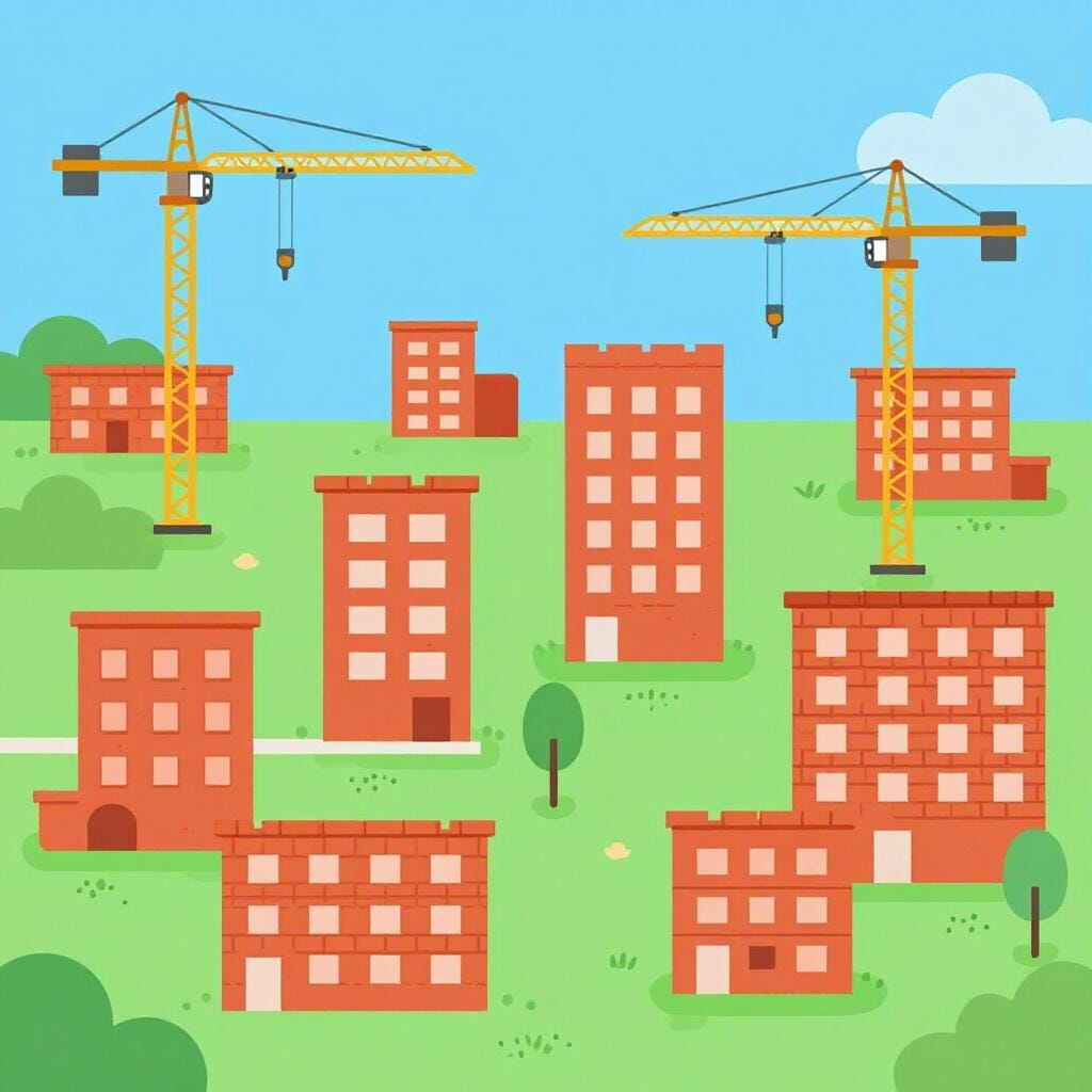 A small town with construction cranes and new brick buildings being added next to a park.