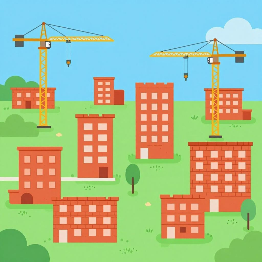 Een klein stadje met bouwkranen en nieuwe bakstenen gebouwen die naast een park worden toegevoegd.