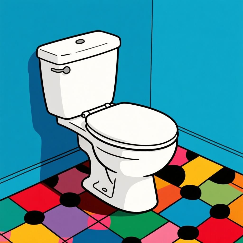 A simple, pristine white ceramic toilet with the lid down, sitting on a brightly colored tile floor.