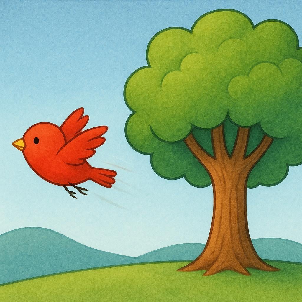 A bright red bird flies quickly away from a large green tree, illustrating the action of moving away and creating distance.