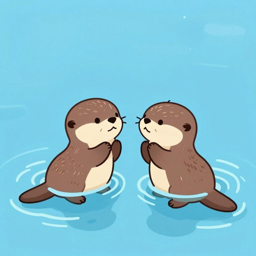 Two cute otters holding hands while floating on water.