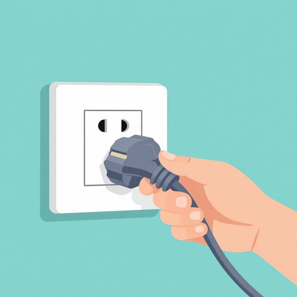 A hand pulling a white power cord out of a wall socket.