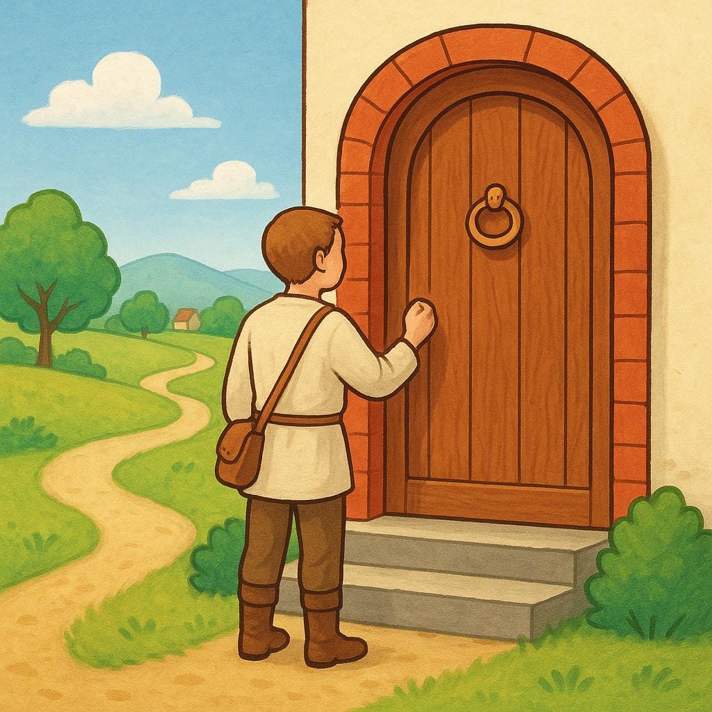 A brightly colored storybook illustration showing a traveler who has just completed a journey. The traveler is standing directly at the threshold of a large, welcoming wooden door, signifying arrival.