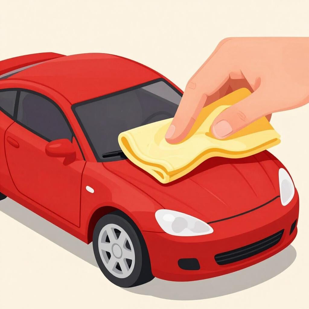 Een persoon die zorgvuldig een glimmende rode vintage speelgoedauto poetst met een zachte doek.