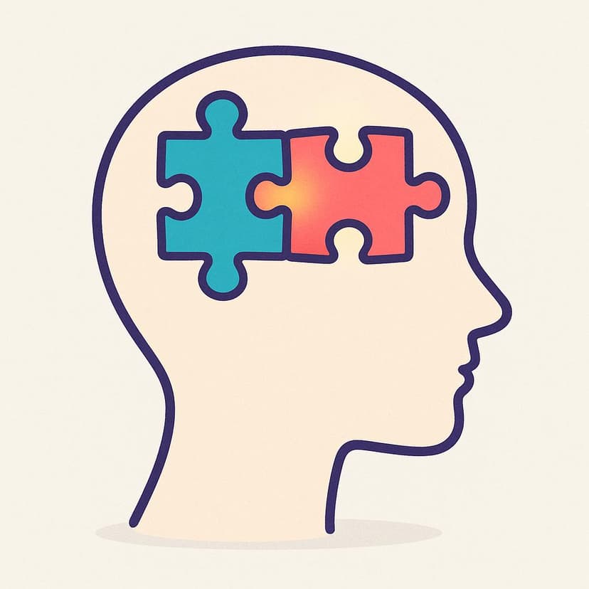 A simplified illustration of a person's head profile showing two brightly colored puzzle pieces perfectly interlocking inside the skull, symbolizing the moment of understanding or grasping information.