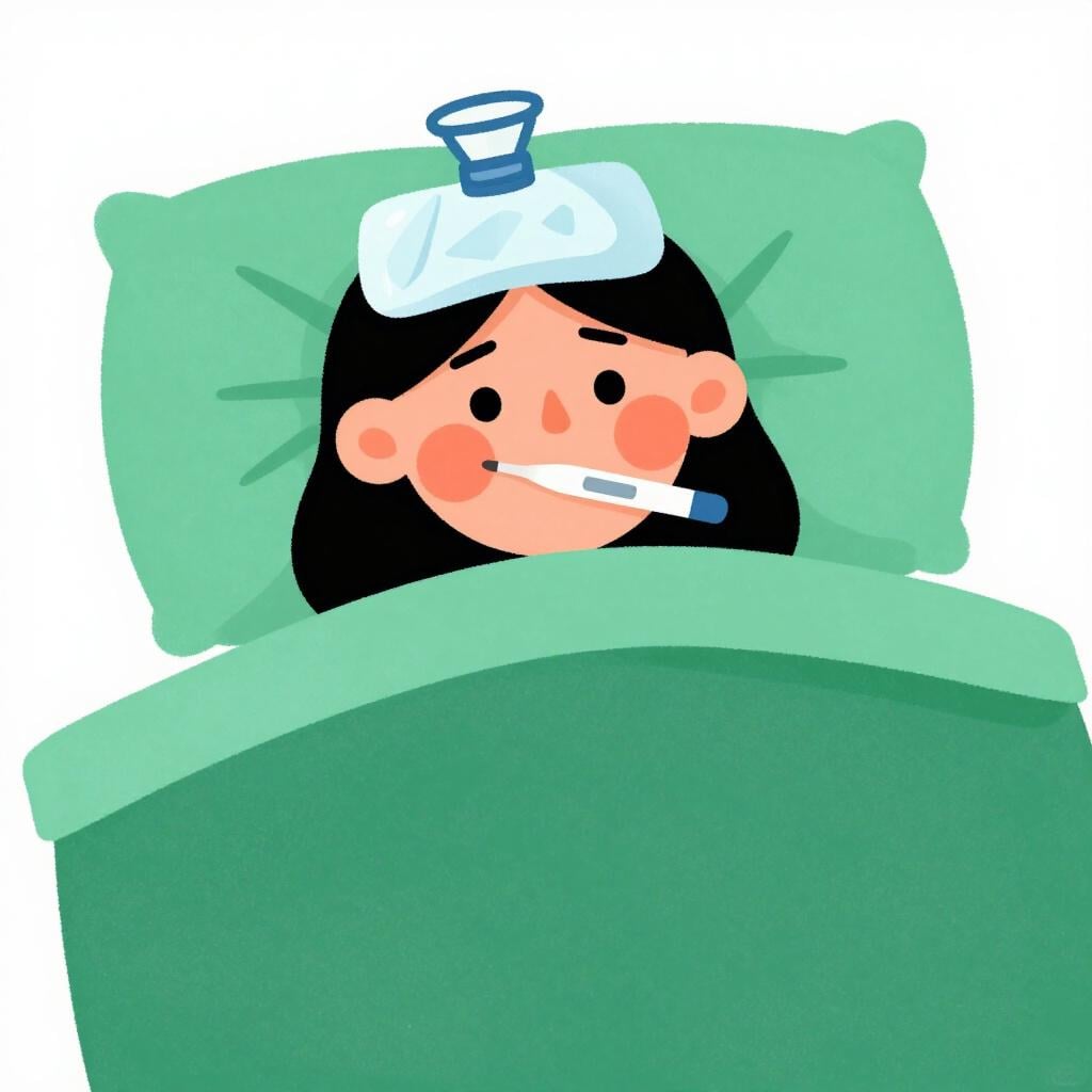 A person lying in bed with a thermometer in their mouth and a very red face, looking more tired than before.