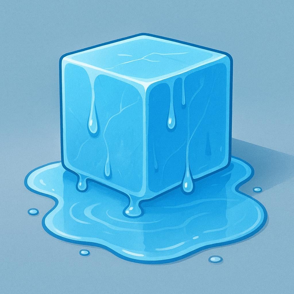 A solid, geometrical block of blue ice sitting on a surface, visibly dripping and turning into a pool of water underneath it.