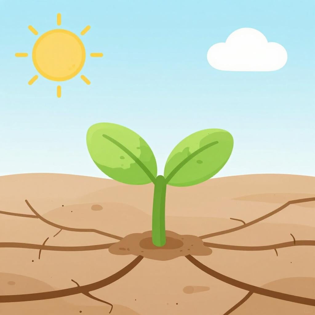Een klein groen scheutje dat groeit uit een gebarsten, droge woestijngrond.