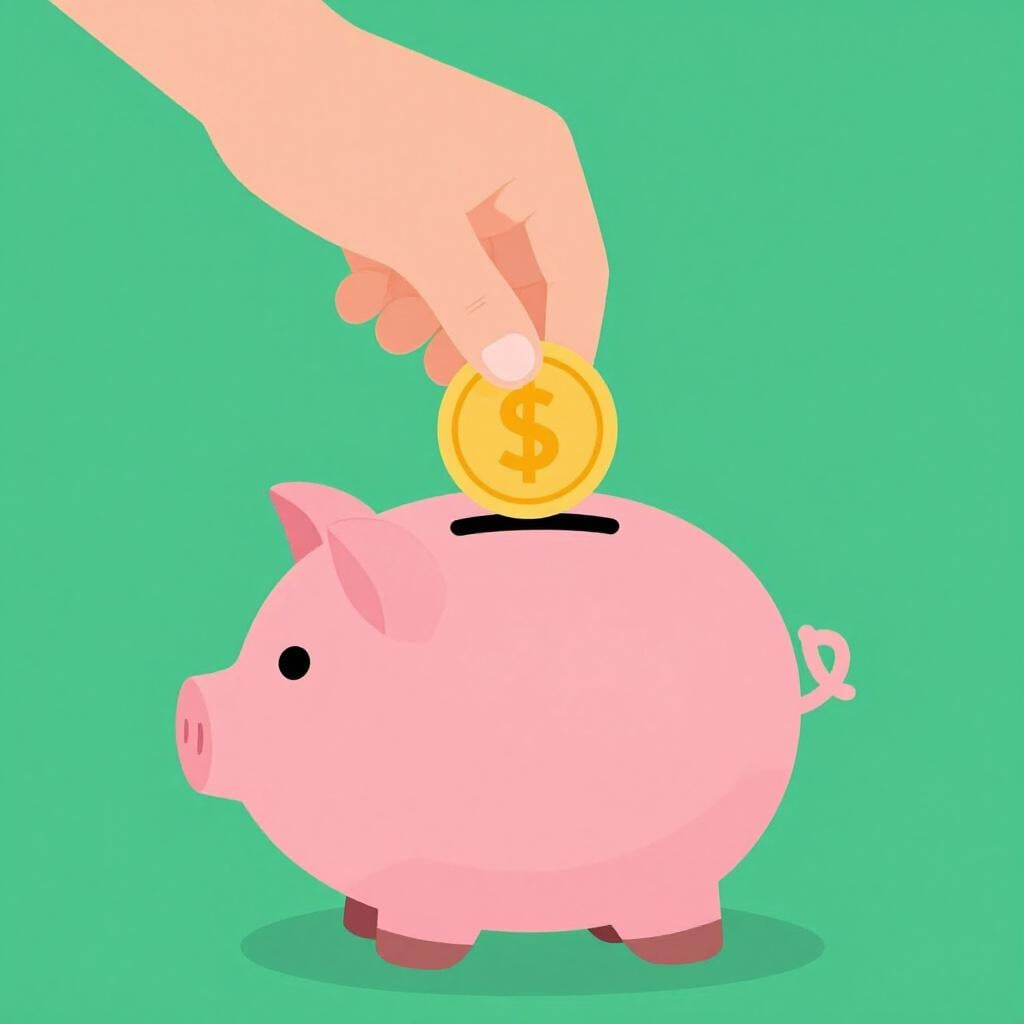 A hand dropping a gold coin into a ceramic piggy bank.