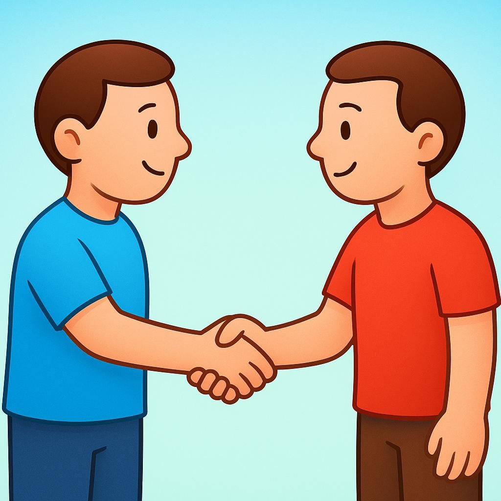 Eine hochwertige Bilderbuchillustration, die zwei stilisierte Figuren zeigt, eine in einem blauen Hemd und eine in einem roten Hemd, die sich gegenüberstehen und sich fest die Hände schütteln.