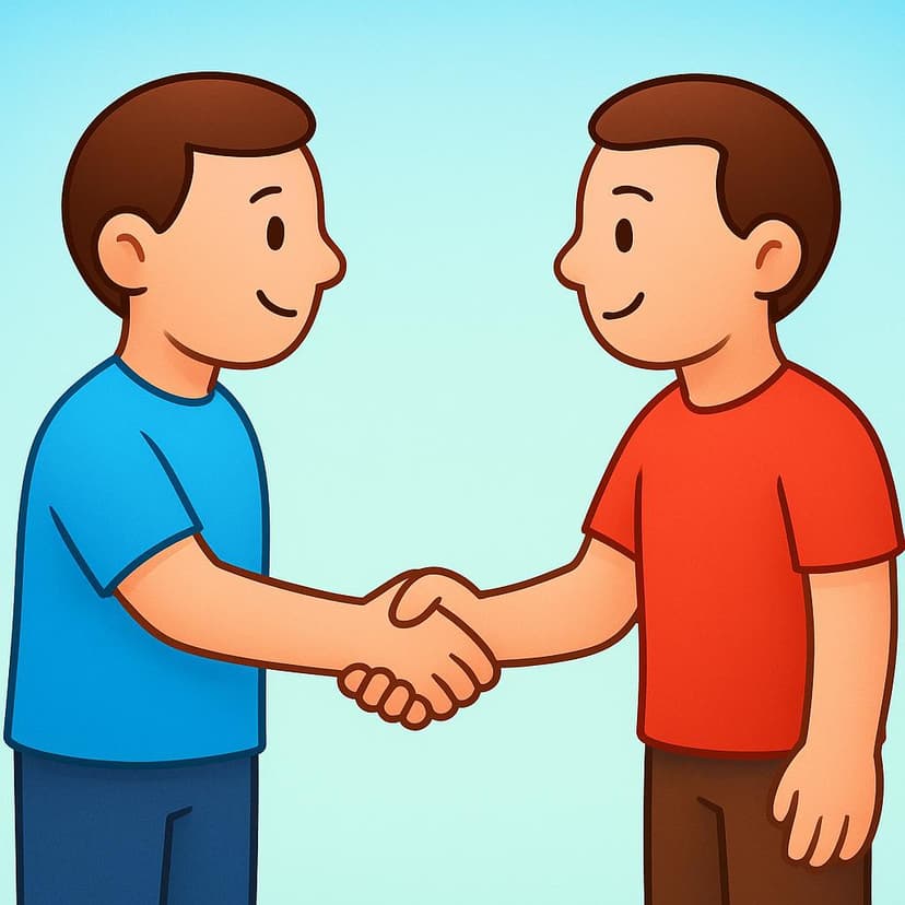 A high quality storybook illustration showing two stylized figures, one in a blue shirt and one in a red shirt, standing face-to-face and shaking hands firmly.