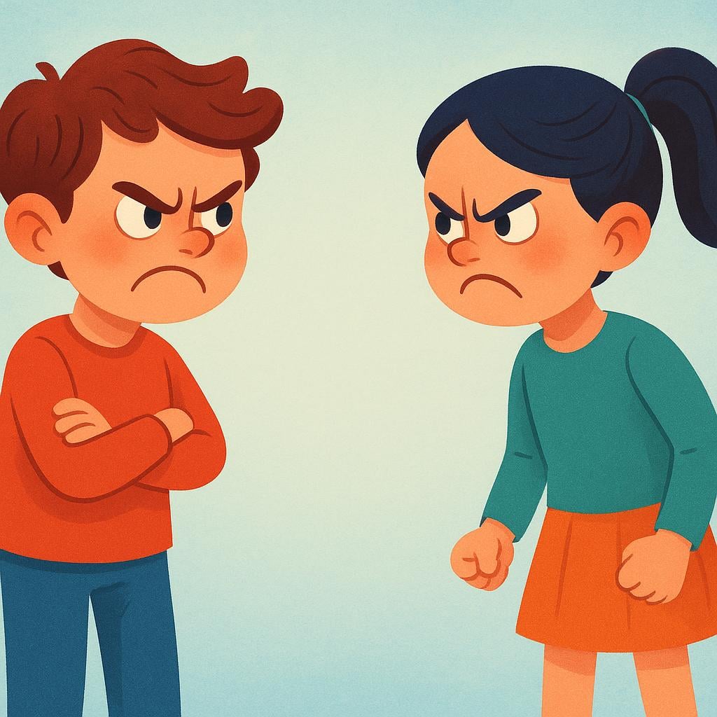 A colorful storybook illustration depicting two stylized figures standing far apart, facing each other. Both figures have exaggerated expressions of anger and intense dislike directed toward the other.