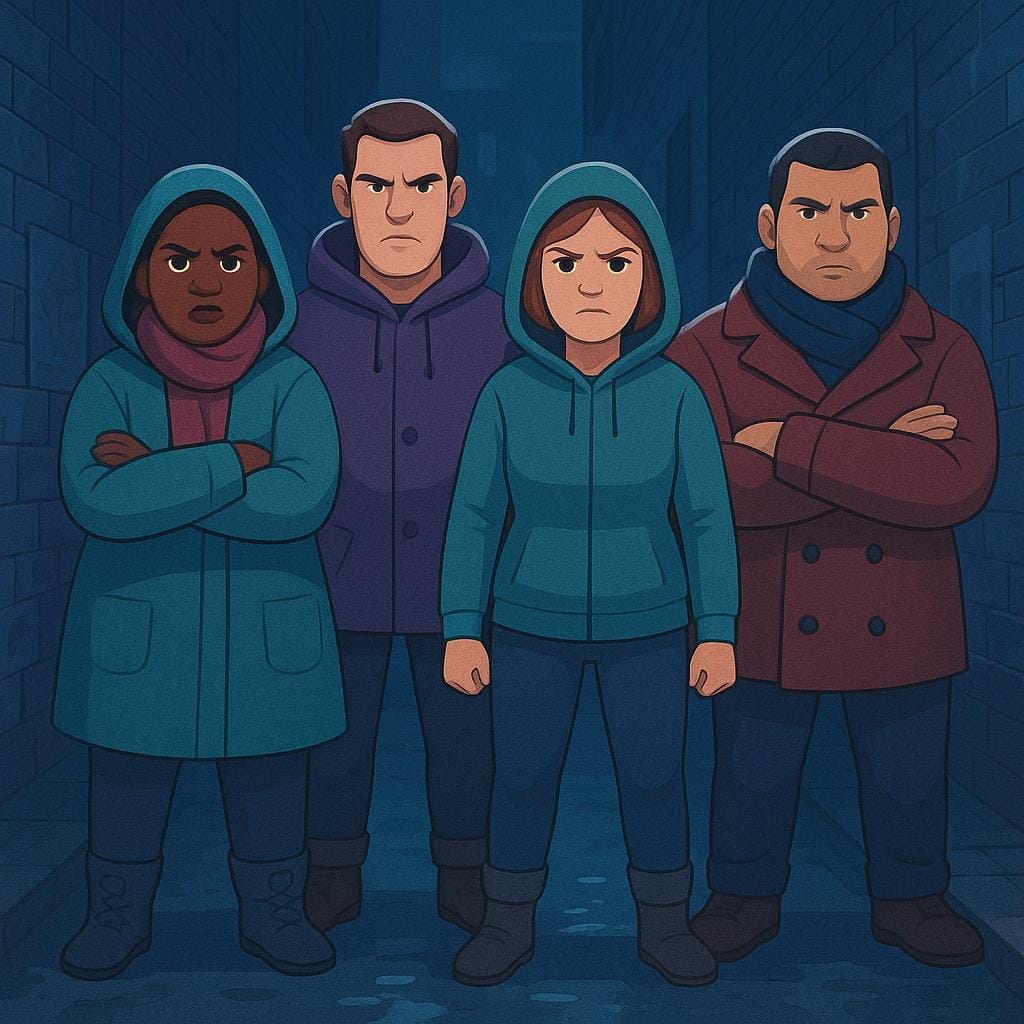 A small, intimidating group of four figures standing closely together in a dimly lit alleyway, looking serious and unified.