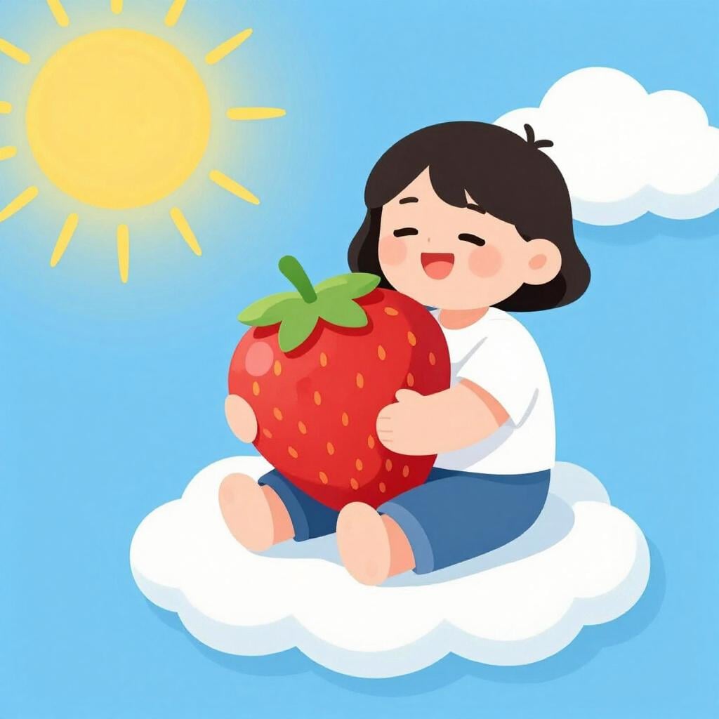 Una persona felice seduta su una soffice nuvola che mangia una fragola gigante e deliziosa, che rappresenta pura beatitudine.