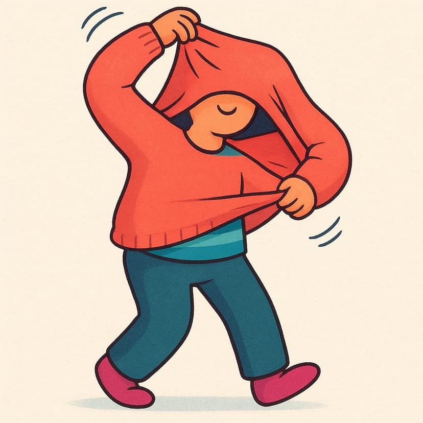 Un'illustrazione colorata in stile libro di fiabe che mostra una persona stilizzata che si toglie attivamente una maglietta dai colori vivaci dalle spalle, illustrando l'azione di svestirsi.