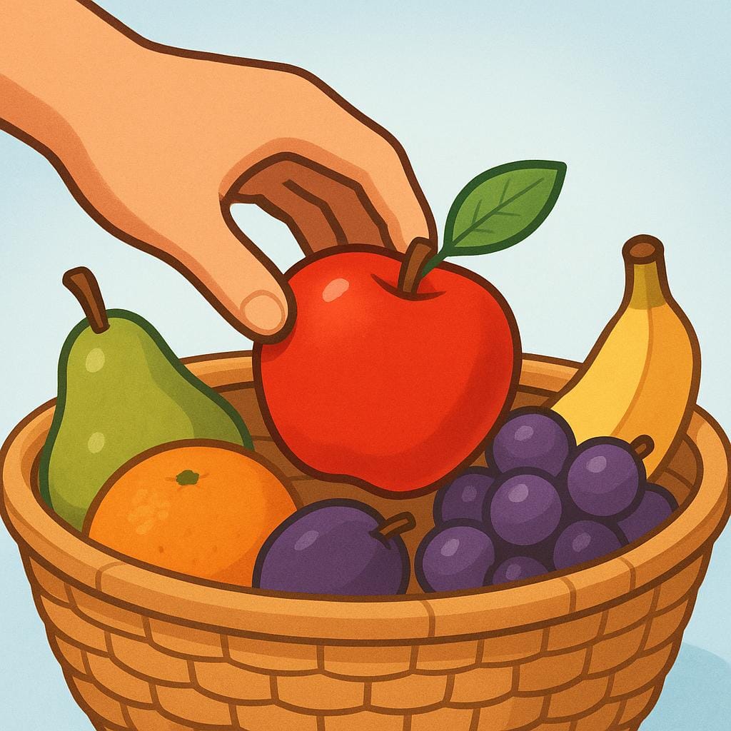 Uma mão de desenho animado estende-se para pegar uma única maçã vermelha de uma cesta contendo várias frutas coloridas.