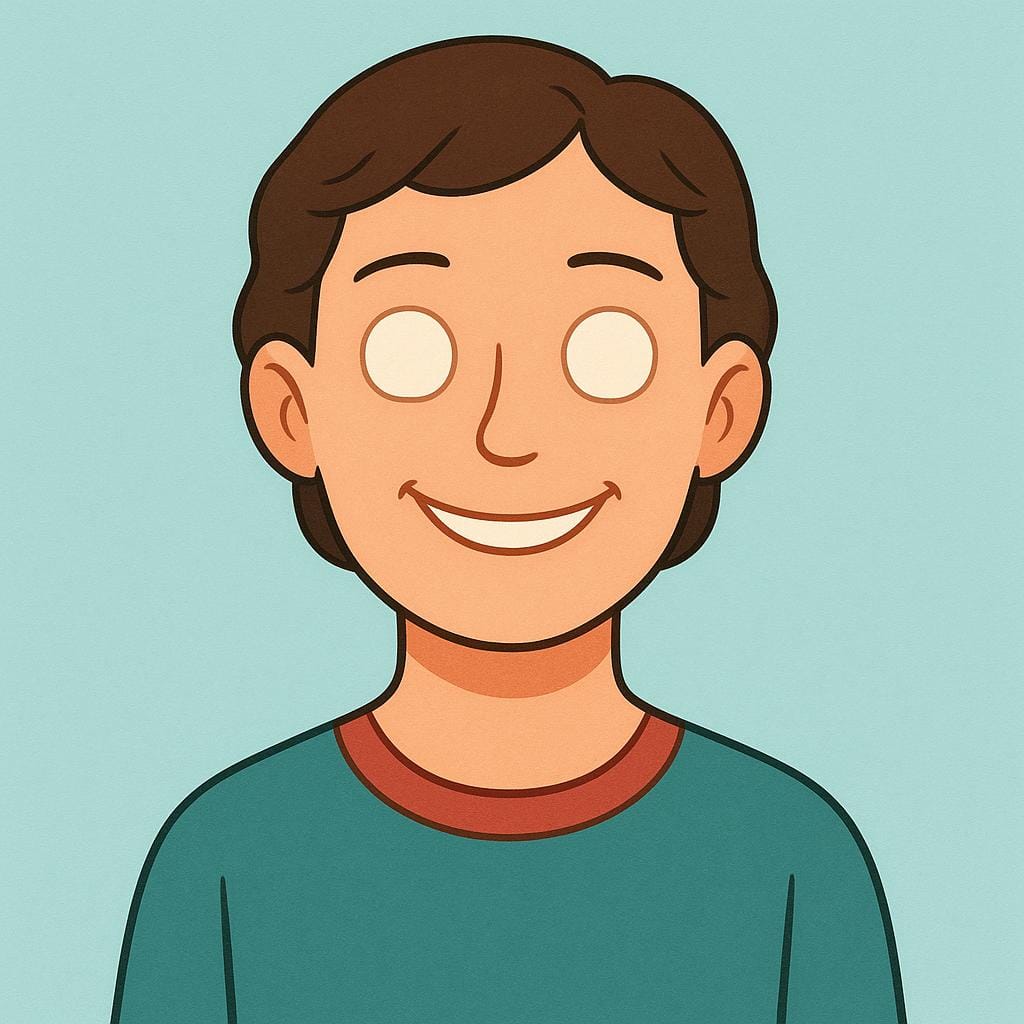 A storybook illustration of a person with a rigid smile but empty, expressionless eyes, symbolizing emotional detachment.