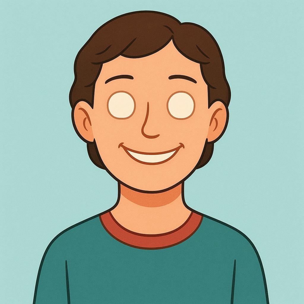 A storybook illustration of a person with a rigid smile but empty, expressionless eyes, symbolizing emotional detachment.