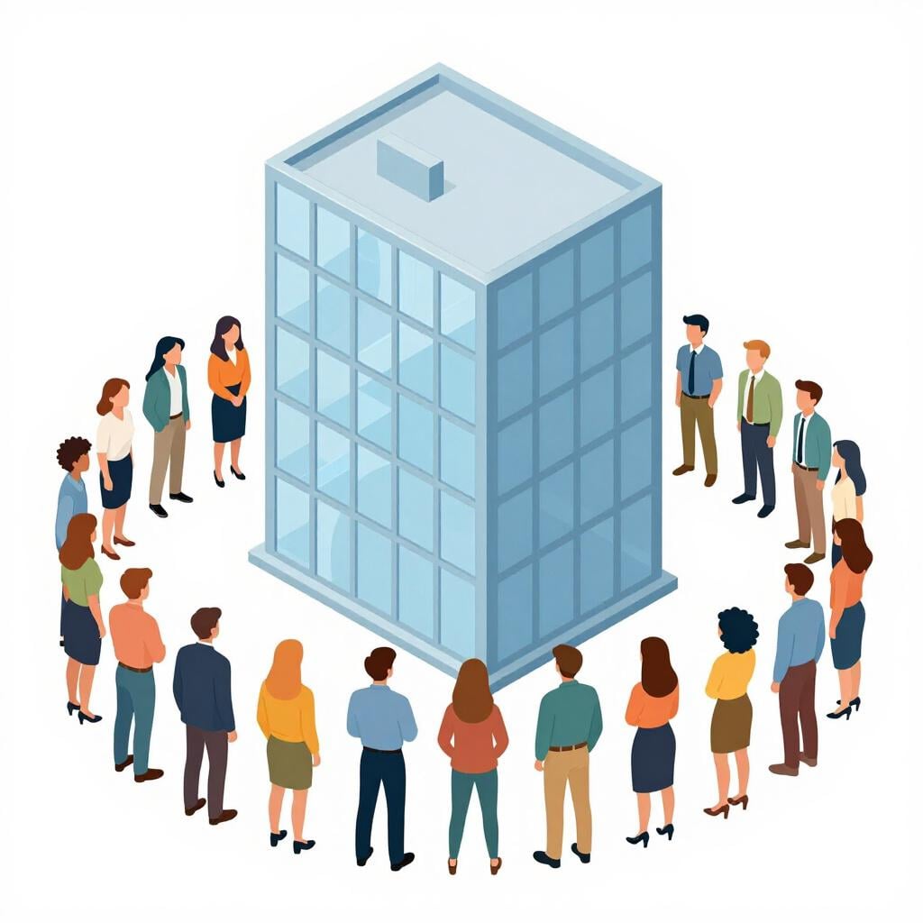 Ein großes modernes Bürogebäude, umgeben von verschiedenen internationalen Symbolen und verschiedenen Menschen, die sich darum an den Händen halten.