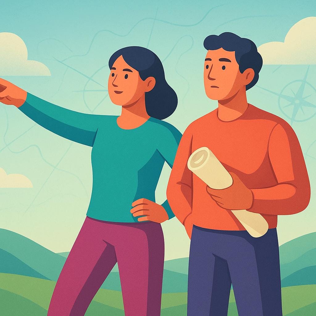 Two stylized figures standing together. One figure points decisively forward, and the other holds a rolled-up scroll, conveying leadership and strategic planning.