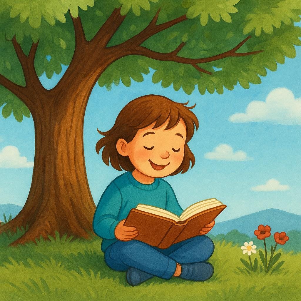 Un bambino felice che legge un libro spesso sotto un grande albero di quercia, illustrando il concetto di trascorrere tempo in un'attività.