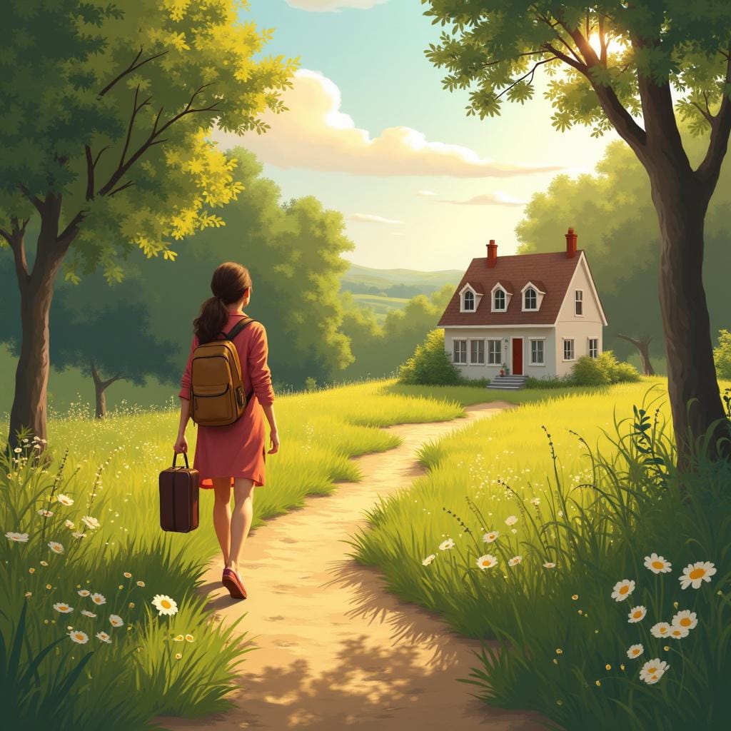 A woman with a travel bag walking down a winding rural path toward a small, welcoming house in the distance, illustrating movement towards a destination.