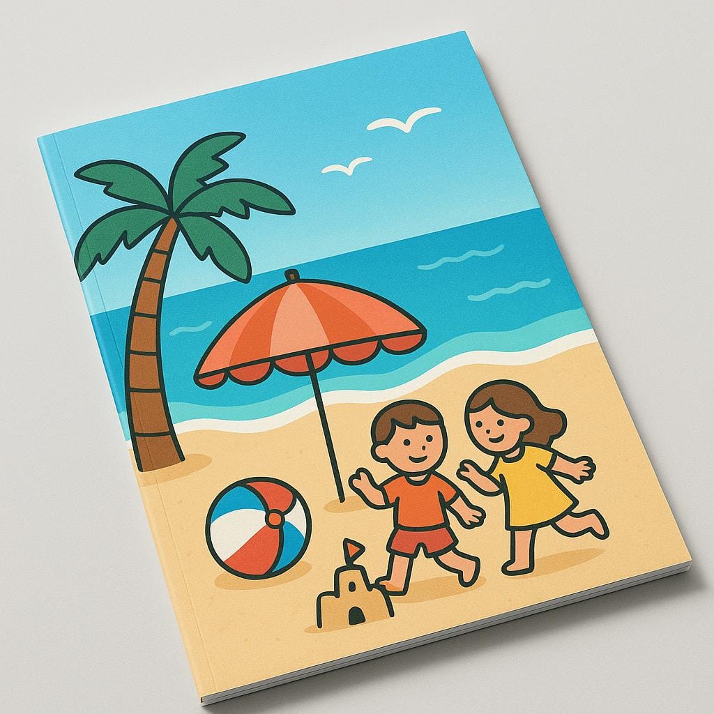 A single magazine lying flat, featuring a unique, bright illustration of a summer beach scene on its cover, representing a specific edition.