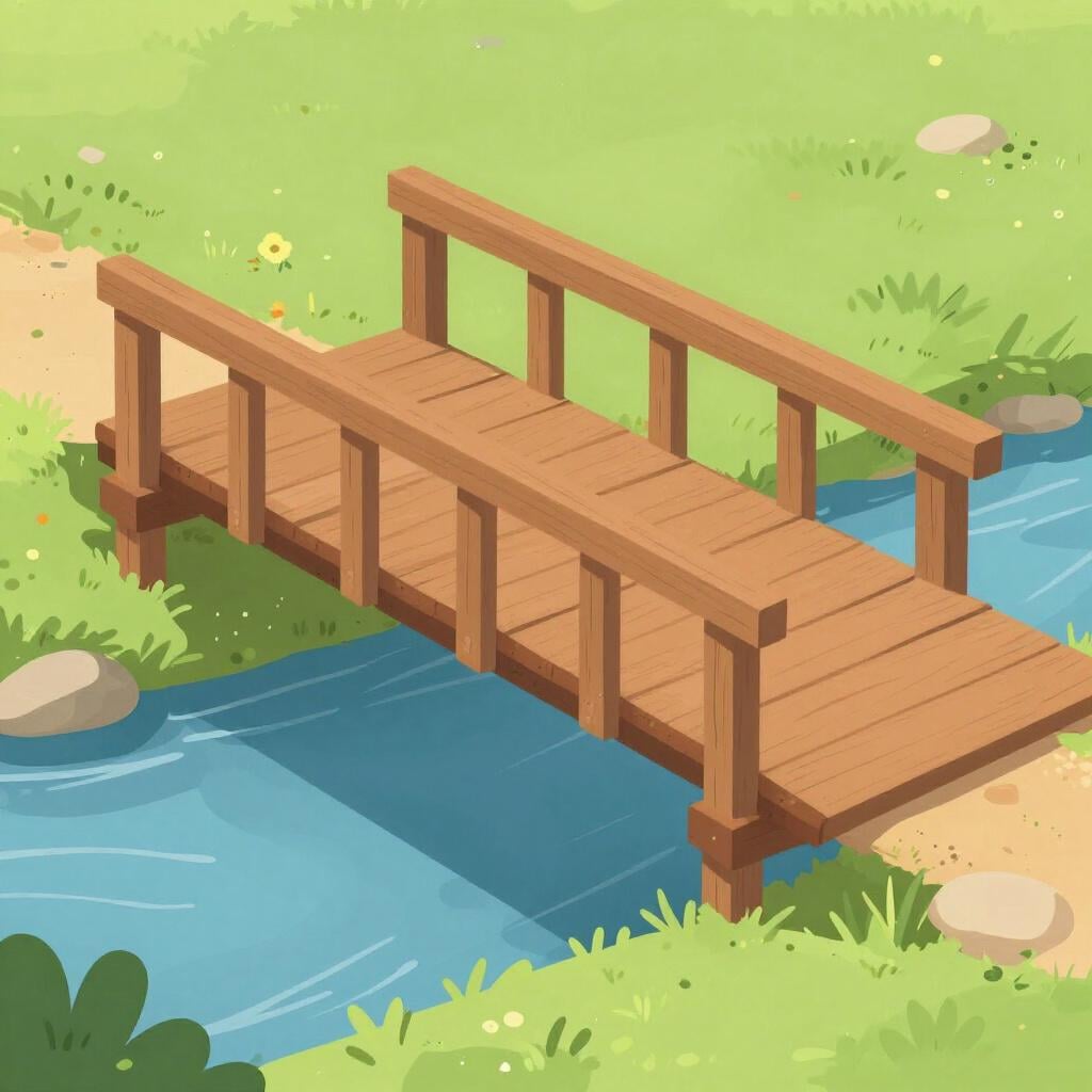 A colorful wooden bridge with a clear missing section in the center, showing a gap.