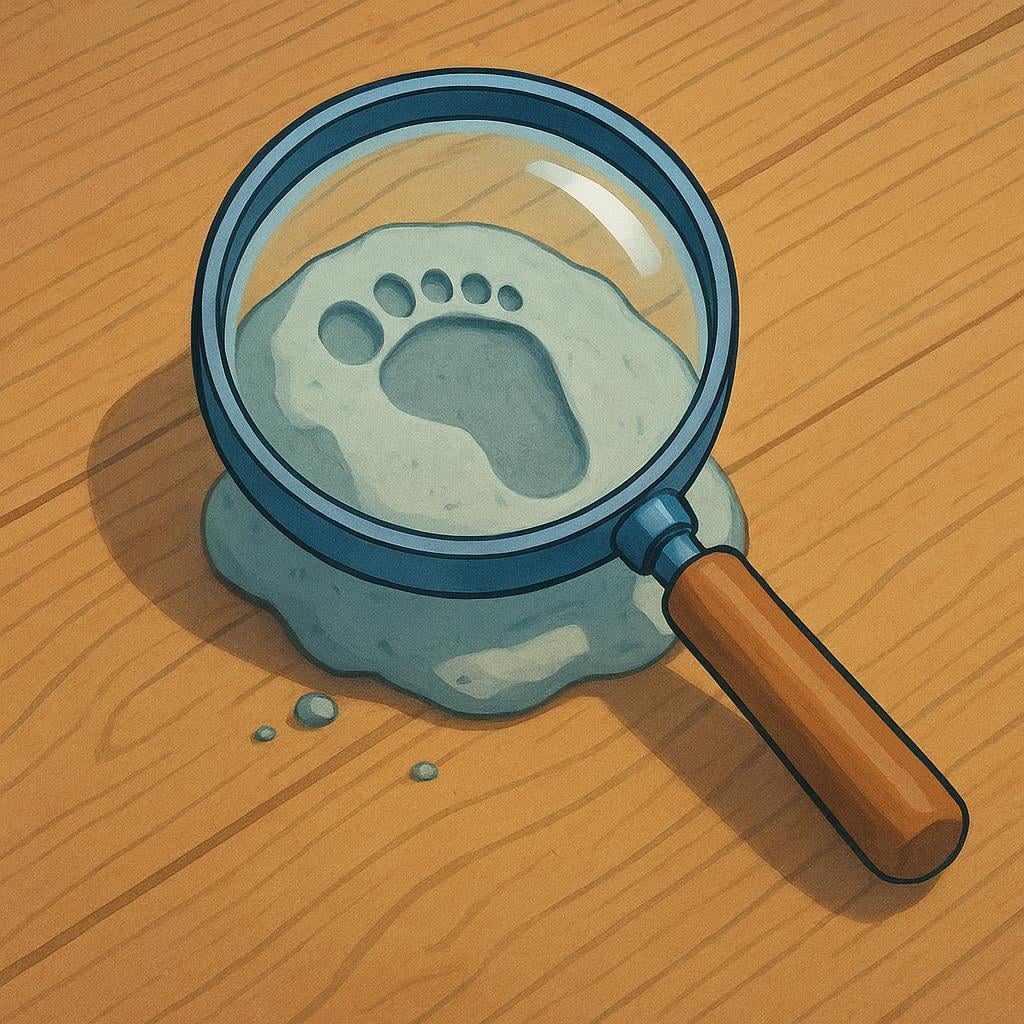 A large magnifying glass held over a piece of paper that shows a clear thumbprint, confirming a fact.