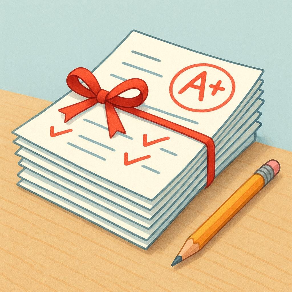 A stack of completed academic test papers tied with a ribbon on a simple wooden desk, representing school tests.