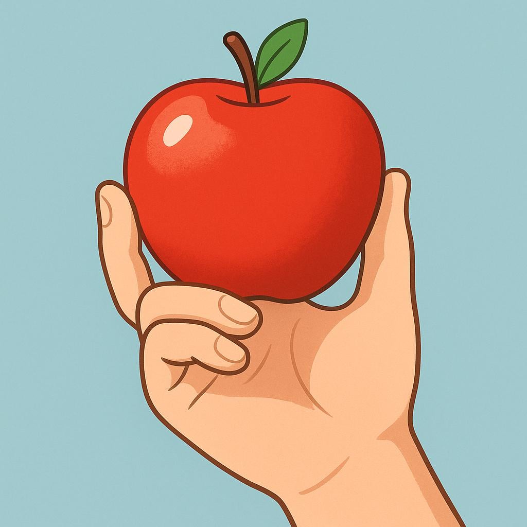 A high-quality storybook illustration of a stylized hand formally grasping a bright red apple, demonstrating the action of taking an object.