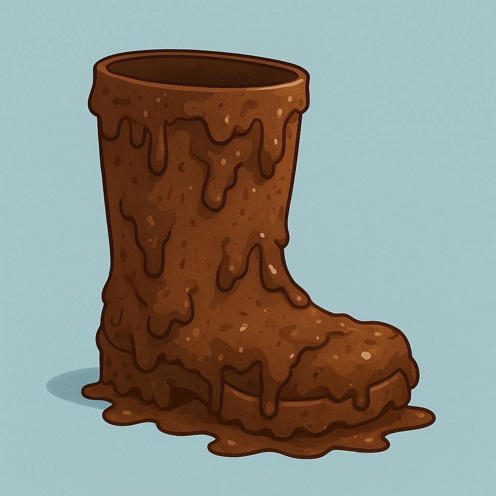 A close-up of a sturdy hiking boot thoroughly covered in thick brown mud and dirt, illustrating physical uncleanliness.