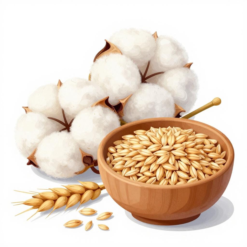 A close-up of colorful raw cotton fibers and a bowl of whole grain oats.