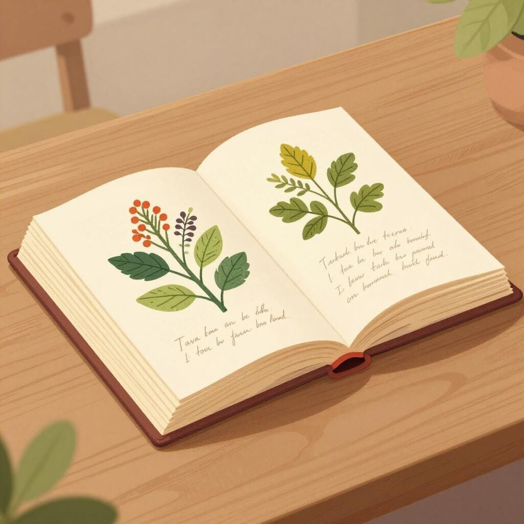 Um livro grosso, de capa dura em couro, aberto, com muitos desenhos científicos detalhados e notas densas sobre uma mesa de madeira.