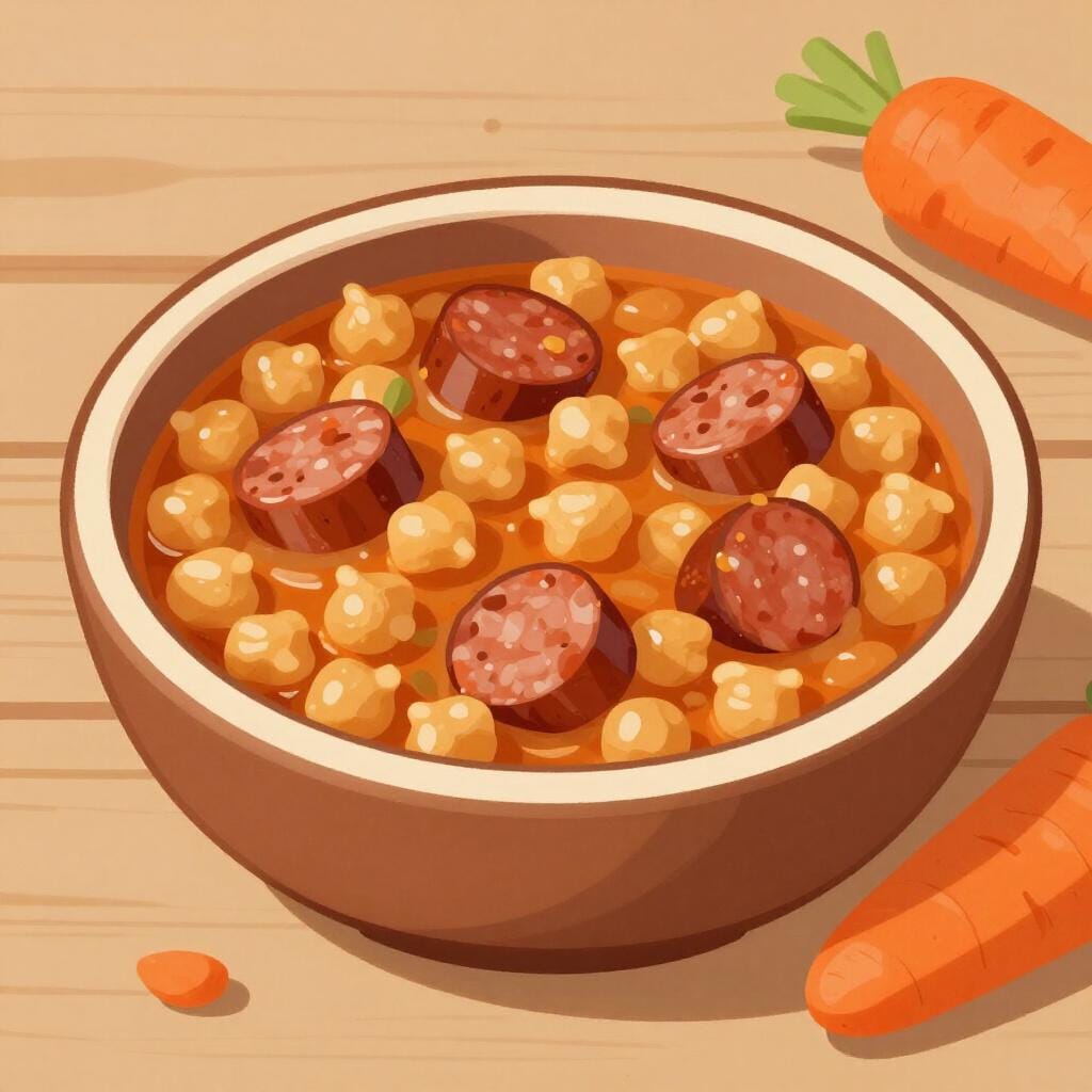 A steaming ceramic bowl of Spanish stew featuring chickpeas, chorizo, and vegetables.