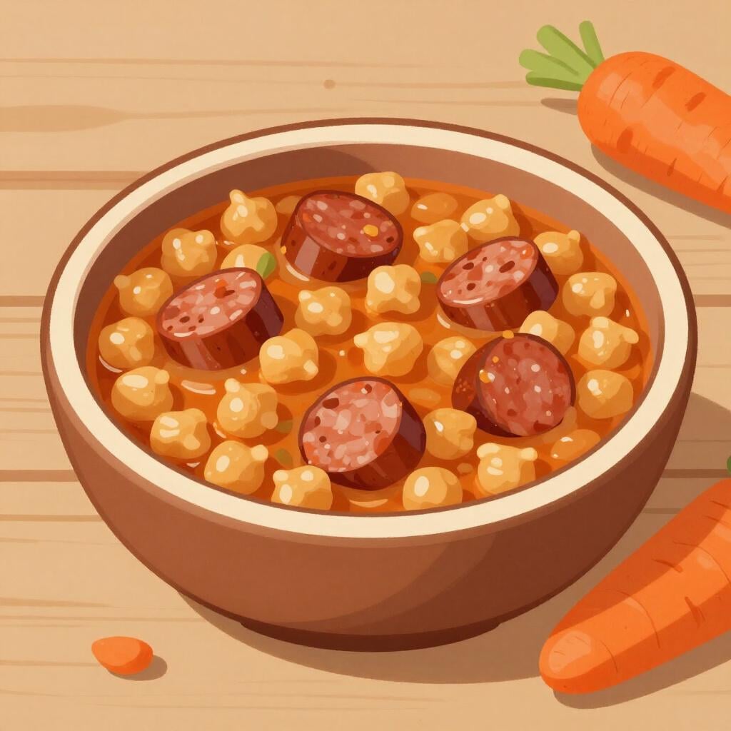 A steaming ceramic bowl of Spanish stew featuring chickpeas, chorizo, and vegetables.