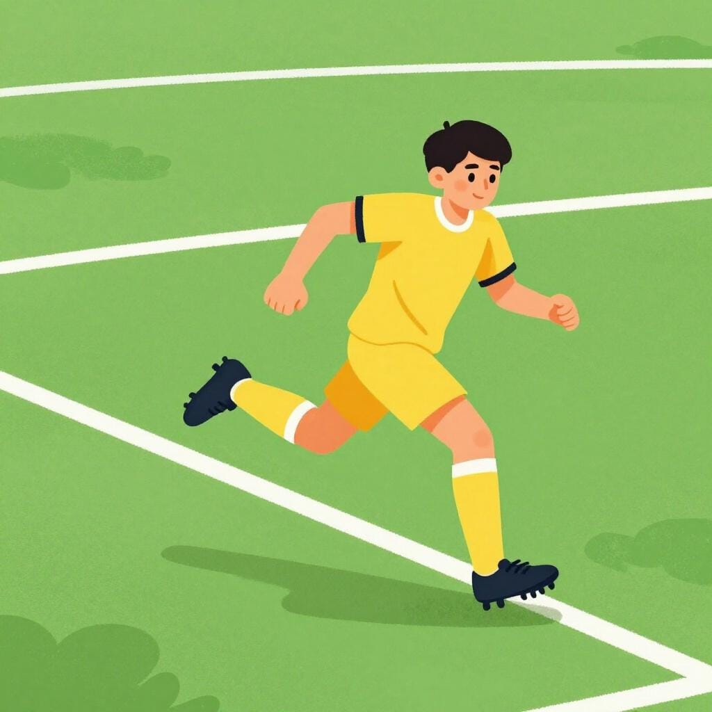 Een voetballer in een kleurrijk shirt die langs de witte zijlijn van een groen veld rent.