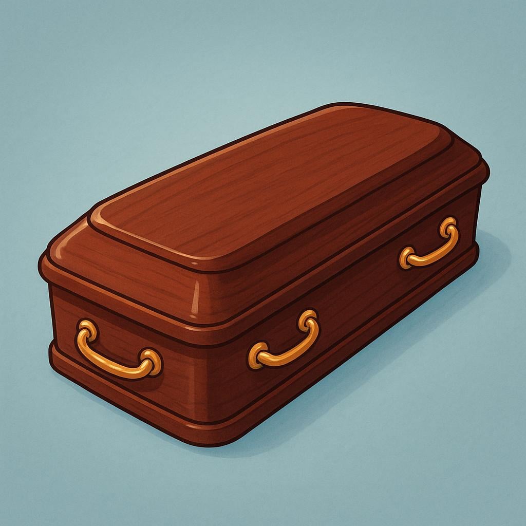 A polished, dark wooden casket with simple handles and a slightly rounded top.