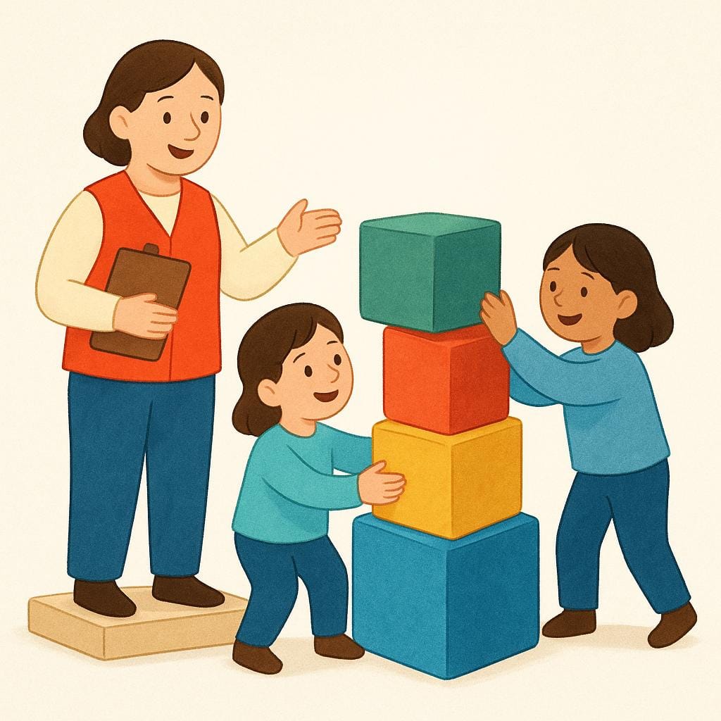 An adult wearing a red vest stands on a small step, overseeing two other people who are busy stacking wooden blocks in a collaborative environment.