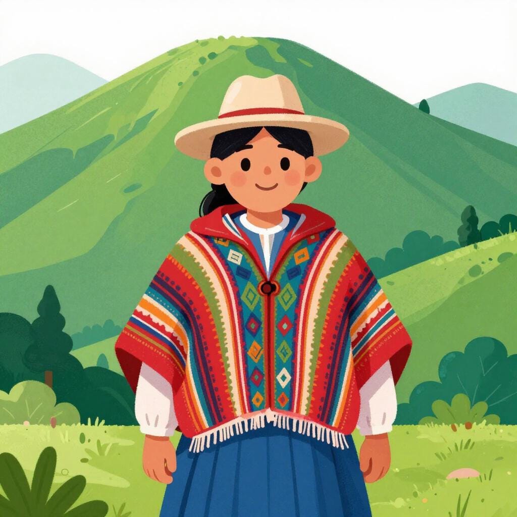 녹색 산 풍경을 배경으로 웃고 있는 전통 에콰도르 판초와 모자를 쓴 친근한 사람.