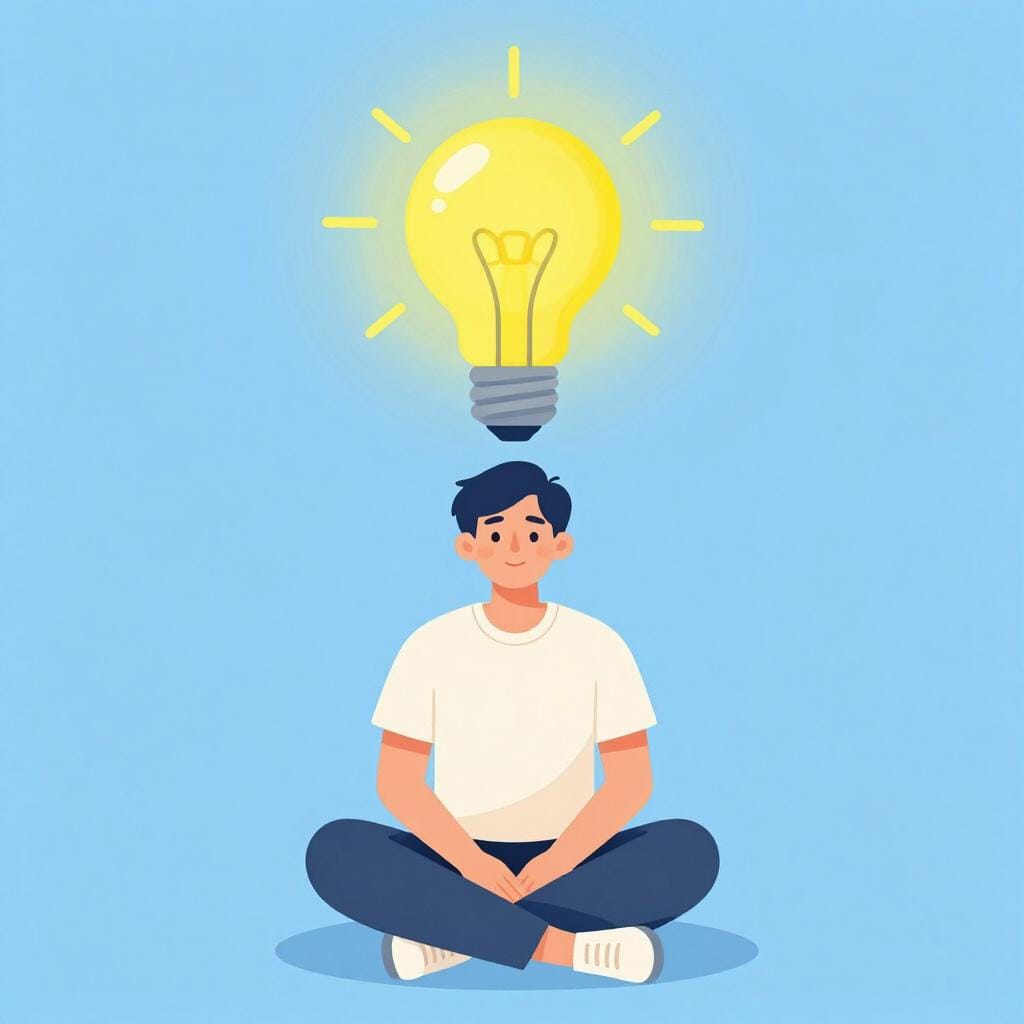 A person sitting peacefully with a bright glowing lightbulb floating above their head, symbolizing a bright idea or knowledge.