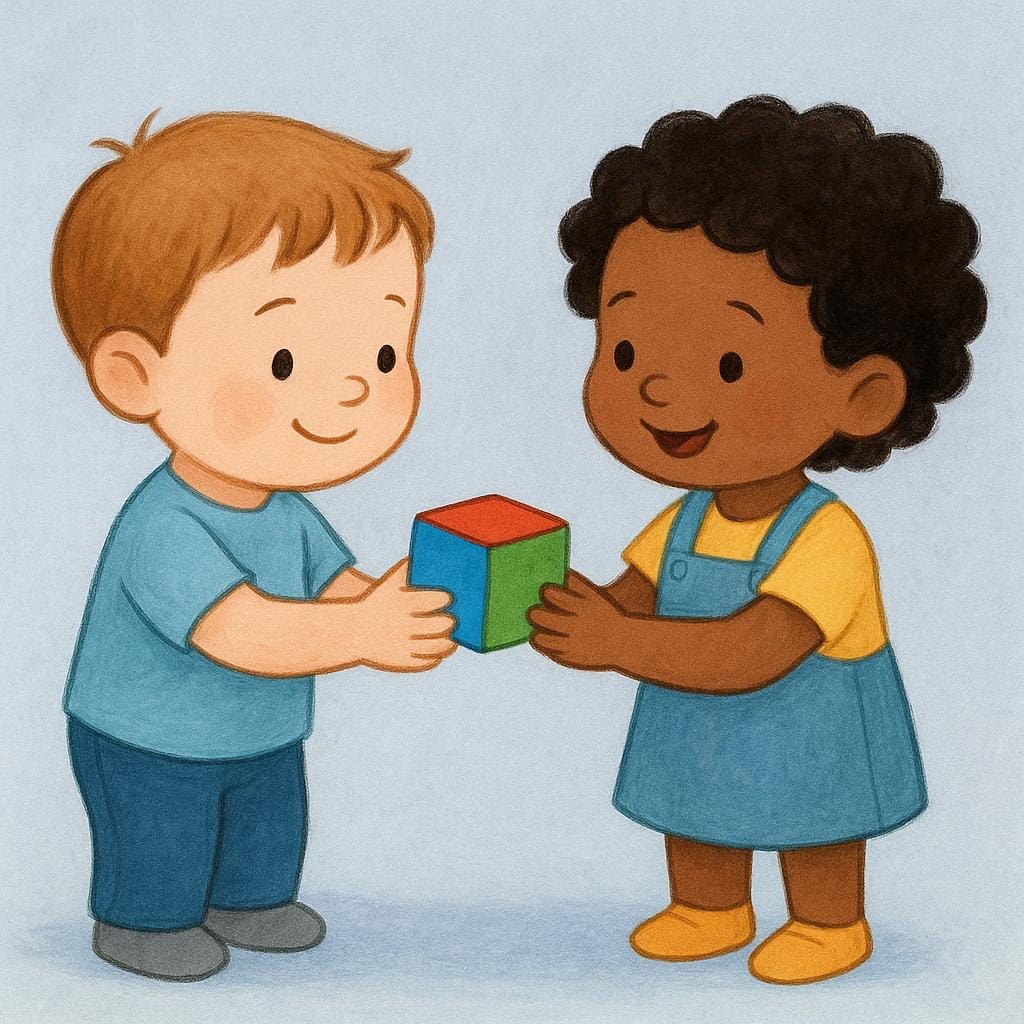 A simple colorful storybook illustration showing one child politely handing a bright red toy block to another child, symbolizing good conduct.