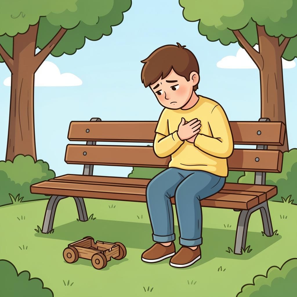 A person sitting on a wooden bench looking down at a broken toy on the ground with a sad and sorry expression.