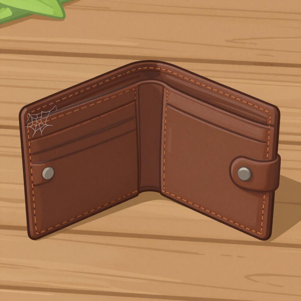 An empty, weathered leather wallet lying open on a plain wooden table with no money inside.